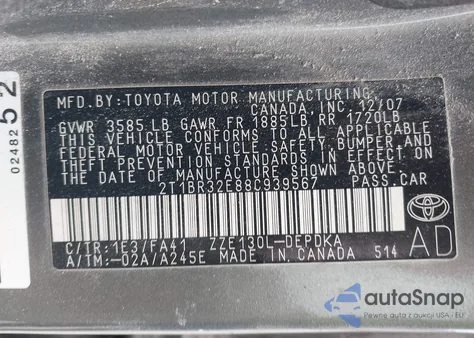 2008 Toyota Corolla Ce из США, поврежденный, VIN 2T1BR32E88C939567